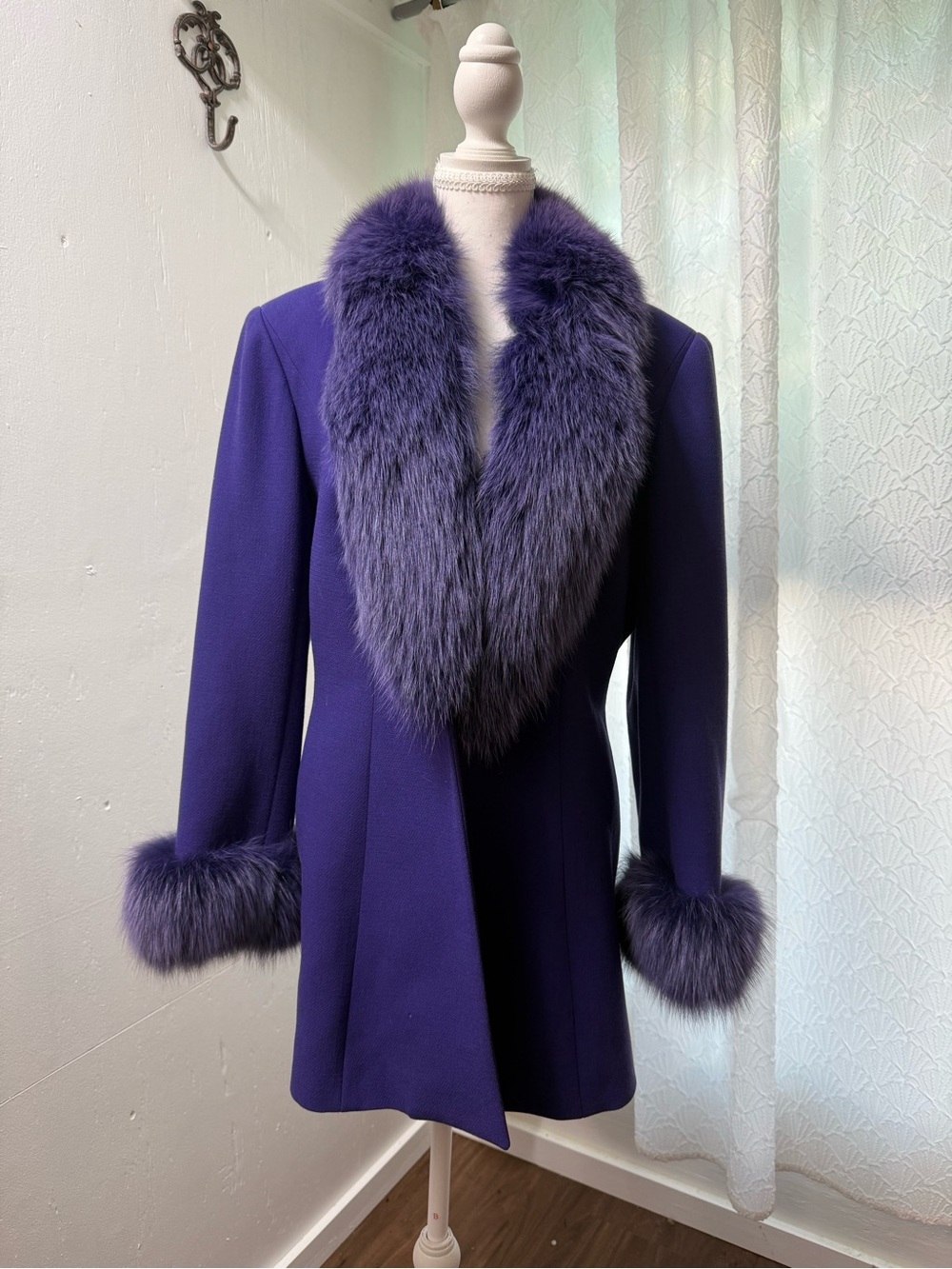 Women's Purple Faux Fur Trim Pea Coat